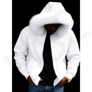 Veste en cuir faite à la main, vêtement d'extérieur gaufré, veste en cuir de luxe à capuche en fourrure blanche, veste d'hiver pour homme, style streetwear, style matelassé - Product Image 5