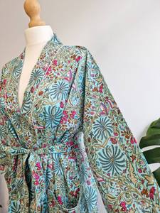 Haute qualité lavable pur coton indien bloc imprimé été Kimono respirant Vintage Floral solide motif numérique dos automne - Product Image 5