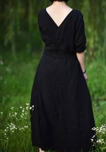 Femmes lin couleur unie robe été 2024 nouvelle robe à manches courtes taille minceur ceinture avec poche robe en lin - Product Image 3