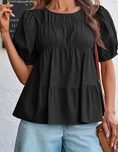 Blusa Elegante para Mujer, Negra, con Mangas Abullonadas, Cuello Redondo, Ajuste Holgado, Manga Corta, Estilo Túnica en Capas, Perfecta para Uso Diario Informal - Product Image 3