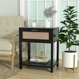 Table de chevet intelligente moderne du milieu du siècle Table de chevet en bois et rotin assemblée avec tiroir de rangement pour une utilisation en appartement - Product Image 4