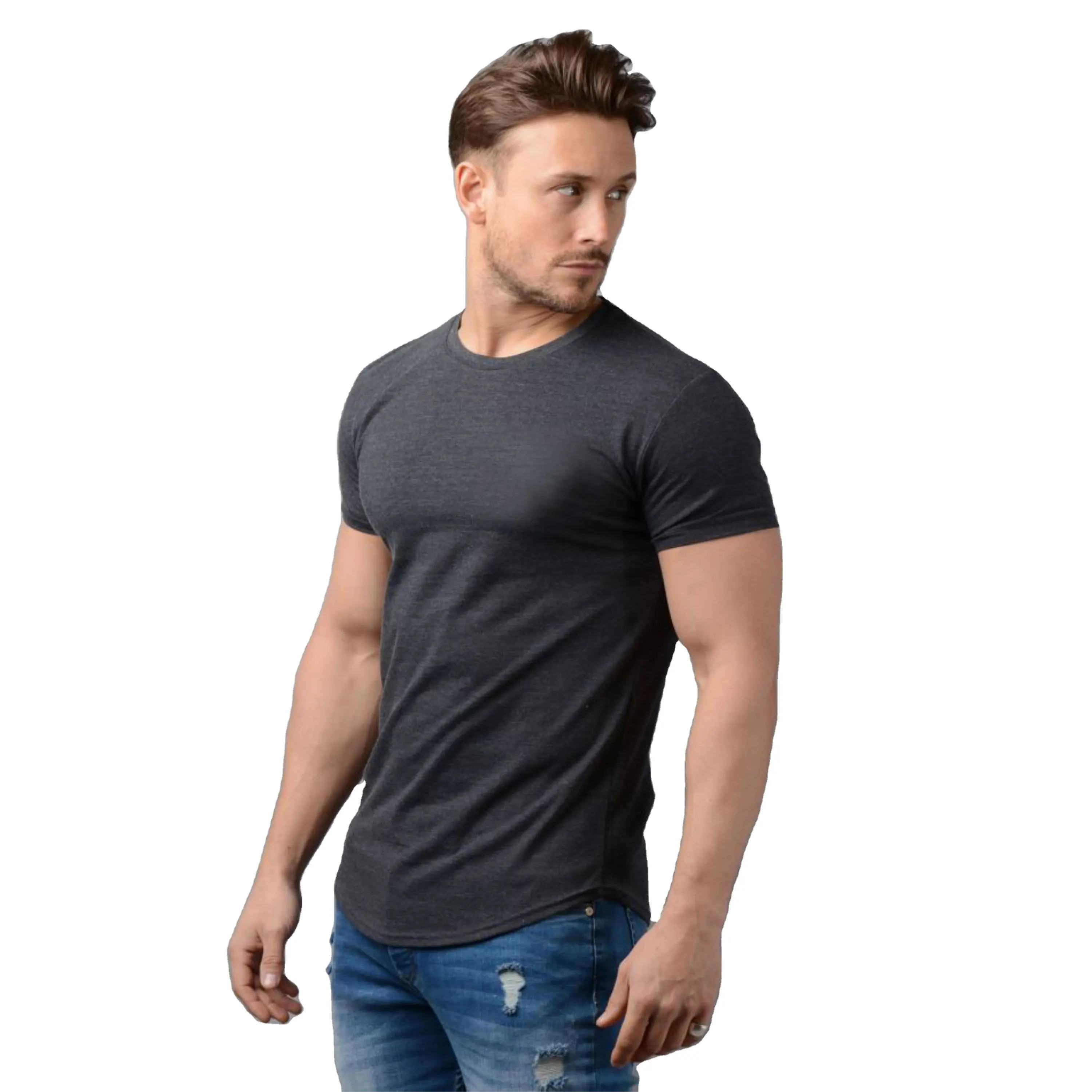 Streetwear Mens Slim Fit Long Sleeve T Shirt Top OEM Longline Curved Hem T Shirt Light Weight 93% Cotton 7% Elastane Gym T Shirt