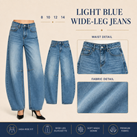 Jean large pour femme bleu clair à coupe courbée, en denim délavé doux, pantalon décontracté, vente en gros sous marque privée pour les boutiques européennes et américaines
