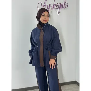 Conjunto de Traje Azul Marino para Mujer con Cintura Fruncida y Ribete Color Café - Product Image 3
