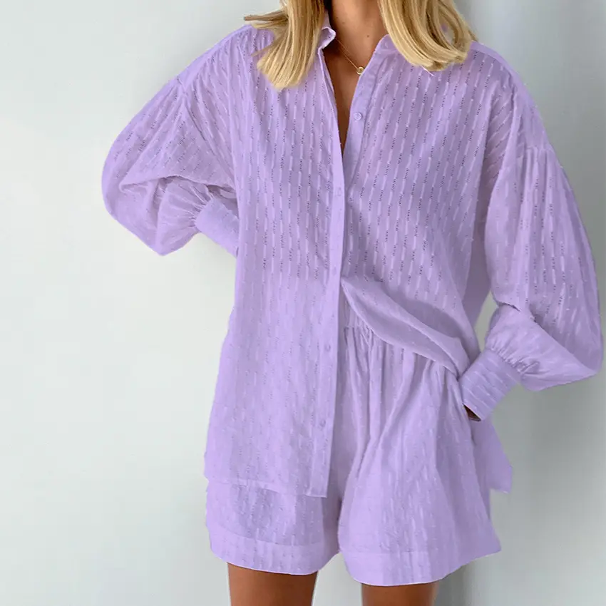 Conjunto feminino casual de duas peças de verão, camisa jacquard de manga bufante e roupas curtas de algodão, tecido solto com estampa digital