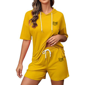 ชุดเสื้อมีฮู้ดแขนสั้นลำลองสำหรับผู้หญิงชุดเสื้อผ้า100% ผ้าฝ้ายสองชิ้นขนาดใหญ่พิเศษสำหรับฤดูร้อน - Product Image 1