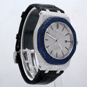 Tùy Chỉnh Thực hiện Người Đàn Ông Của Moissanite Kim Cương Đồng Hồ Da Màu Đen Ban Nhạc Fancy Quay Số Thép Không Gỉ Analog Hiển Thị Glass Cho Đảng Mặc - Product Image 2