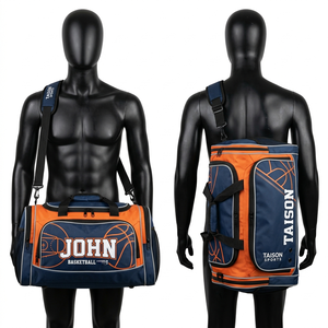 Sac de sport de basketball pour hommes en polyester GSM, tissu durable, design à panneaux bleu marine et orange, impression par sublimation personnalisée, sac de voyage et de gym - Product Image 1