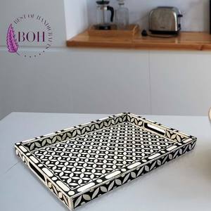 ถาดเสิร์ฟงานฝีมืออินเดียคุณภาพจากผู้ผลิตโดยตรง ดีไซน์หรูหรา ประดับด้วยงานฝังกระดูก ทันสมัย ทนทาน ใช้เป็นถาดกาแฟตกแต่งได้ - Product Image 4