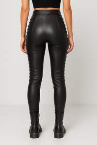 <b>Lace</b>-<b>Up</b> Lambskin <b>Leather</b> <b>Pants</b> High Waist Skinny Fit Trousers - Product Image 3