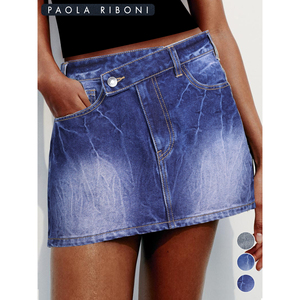Paola Riboni <b>Denim</b> Skirt Women's A-Line High Waist Washed Blue Summer Fashion <b>Stretch</b> Skinny Mini Skirt - Product Image 3