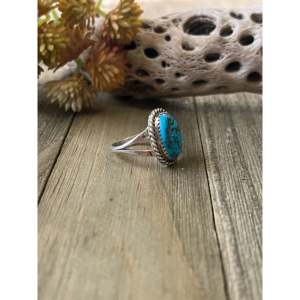 Navajo Handmade Fine Jewelry Kingman Turquoise & Sterling <b>Silver</b> <b>Statement</b> <b>Ring</b> Size 8 for Everyday Wear - Product Image 4
