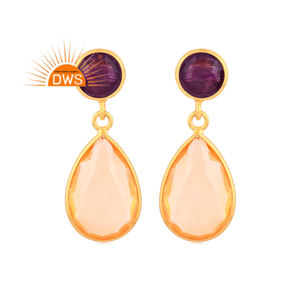 ต่างหูห้อยประดับพลอยควอตซ์อะมีทิสต์และควอตซ์ซิทรินแบบดับเบิ้ลเล็ต ทำจากเงินสเตอร์ลิงทันสมัย ผลิตโดยผู้ผลิตเครื่องประดับ - Product Image 1