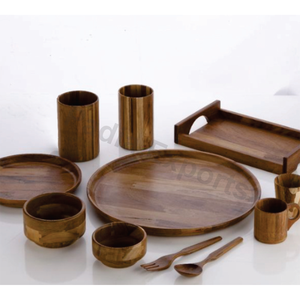 Cuillère en verre de plat de serveur en bois avec l'ensemble de dîner - Product Image 1