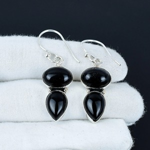 <b>Top</b> Quality 925 Sterling <b>Silver</b> Plated Bohemian Style Fashionable Black Onyx Oval Gemstone Natural Bezel Anniversary Earrings - Product Image 3