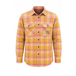 เสื้อเชิ้ตทำงานแขนยาวลายสก็อตสีเหลืองชมพูสำหรับผู้ชาย ผ้าฝ้ายใส่สบาย พิมพ์ลายโลโก้ด้านหน้า - Product Image 2