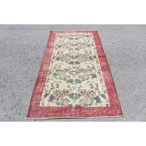 Tapis turc 3,7x7,2 pieds, tapis en laine rouge et blanc à bordures - Product Image 1