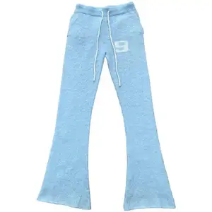 Fabricante personalizado mullido de punto azul cielo Mohair pantalones para hombres mullido apilado Flare pantalones de chándal para hombres
