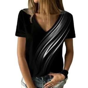 Camiseta de moda de gran tamaño con cuello en V de manga corta sencilla con estampado de rayas 3D para mujer, Top largo informal - Product Image 5