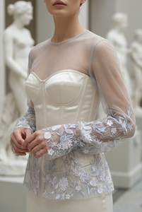 Tissu en tulle tissé brodé floral champagne, dentelle à feuilles de chrysanthème bleu lavande pour mariage et filles - Product Image 2
