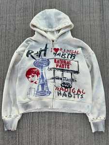 Sweat-shirt à capuche zippé personnalisé pour homme 2026, coupe oversize, ourlet brut, effet vieilli, broderie, en molleton de coton, avec bandes latérales - Product Image 6