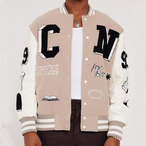 Venta al por mayor ropa de calle de invierno personalizada Chenille bordado mangas de cuero genuino hombres 100% lana béisbol Letterman Varsity chaqueta - Product Image 2