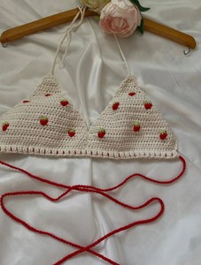Crochet Strawberry <b>Bikini</b> Top, Strawberry Crop Top, Strawberry Hand Knitted Swimwear, Knitted Strawberry <b>Bikini</b> Top - Product Image 2
