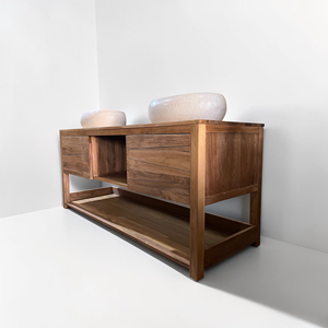 Teak Wood Bathroom Vanity Double Sink Cabinet <b>Wall</b> Mounted <b>Floating</b> Storage Drawers <b>Unit</b> for Modern Washroom Furniture Wholesale - Product Image 5