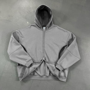 2025 Nueva Sudadera con capucha de lana para hombre con bolsillos laterales bordado de doble cremallera-Técnica de lavado con ácido de patrón sólido - Product Image 4