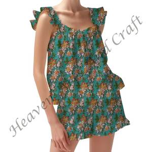 Nuevo Conjunto de pijama corto con estampado de bloques de algodón 100%, conjunto de pijama suave con flores indias para Primavera/Verano, conjunto de PJ ajustado con tiras y volantes - Product Image 4