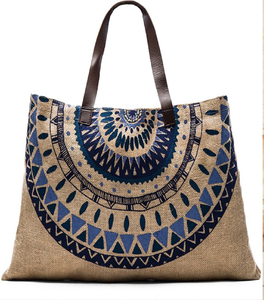Minimalist jute and <b>faux</b> <b>leather</b> <b>tote</b> <b>bag</b>, woven texture with contrast trim, classic carryall available at wholesale prices. - Product Image 6
