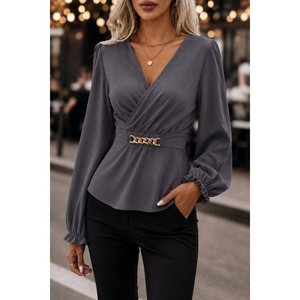 Blusa de Manga Larga con Cuello Cruzado y Detalle de Cadena en la Parte Delantera para Mujer, Blusa Brillante de Crepé, 37690 - Gris - Product Image 1