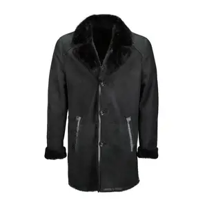 别致的单排扣羊皮大衣，黑色长发翻领 -- 奢华的伯班克男女时尚外套