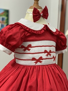 New Christmas Smocked <b>Dress</b> Red Silk Handmade Smocked OEM ODM Wholesale Smocked Pyjamas for <b>Toddler</b> <b>Girls</b> - Product Image 6