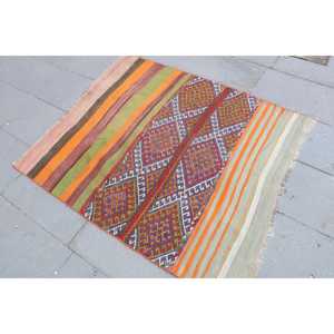 พรมวินเทจตุรกี ขนาด 3.5x4.2 ฟุต (106x129 ซม.) พรมคิลิมขอบสีส้ม - Product Image 2