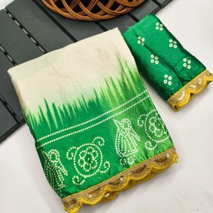 Hermoso Sari multicolor de seda Gajji con estampado de Bandhej para ropa de fiesta de boda para mujer y niña con blusa étnica elegante - Product Image 1