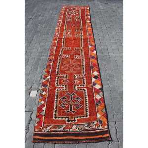 Vintage Turkish Rug, 2.7x12.6 ft Herki Rug, <b>Red</b> <b>Runner</b> Ombr Rug - Product Image 1