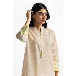 Women's Beige Dyed Jacquard Florescent Mandarin Collar Shirt - Product Image 3