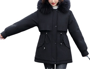 Manteau parka d'hiver long pour femme Doublure en coton Capuche en fausse fourrure Coupe-vent Imperméable Fermeture éclair Grande taille Vêtement d'extérieur en laine Logo - Product Image 1