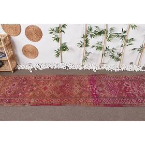 Alfombra Vintage de Lana Ecológica con Látex, Diseño de Patchwork Rojo y Rosa, Hecha a Mano, para Comedor, Modelo Rectangular de Gran Área, 2.8 pies x 10.8 pies - Product Image 2