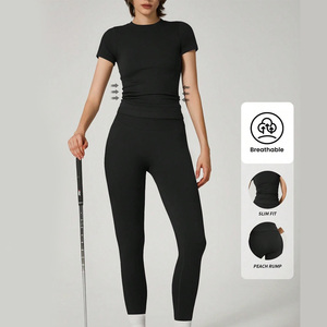 Ensemble d'entraînement pour femmes OEM personnalisé tissu côtelé respirant t-shirt leggings séchage rapide tenue athlétique bouton de dentelle pour le sport yoga - Product Image 3