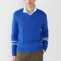 Pull-over col V bleu roi uni pour homme, style cricket, manches longues, chaud, décontracté, mode automne-hiver, 100% coton