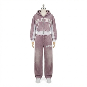 Custom Women Acid Wash Mauve Pink <b>Cropped</b> Hoodie Wide Leg <b>Jogger</b> Set Cotton Fleece Streetwear Tracksuit OEM Wholesale - Product Image 3