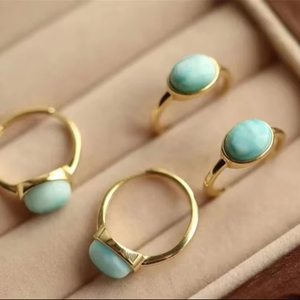 925 Sterling Silver Natural Larimar <b>Ring</b> Gold-Plated Genuine Gemstone Fine Jewelry for Women - Product Image 1