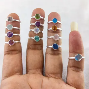 Exquisite Raw Gemstone Sterling Silver Rings Stunning Crystal Fashion Jewelry for Women Rough Stone Rings