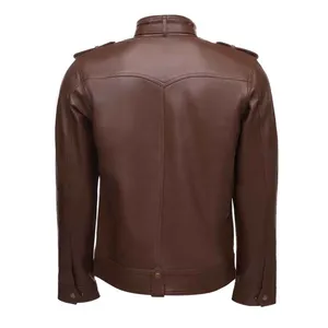 Veste de motard en peau de mouton marron faite professionnelle col montant formel avec fermeture éclair style bombardier formel d'hiver - Product Image 1