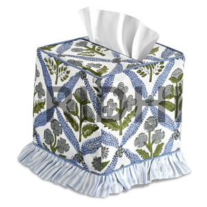 Ridhi Classic Eco-Friendly Durable Blue Ruffle 100% <b>Cotton</b> <b>Tissue</b> Box Cover Handmade Block Printed Home Hotel Restaurant Bedroom - Product Image 1