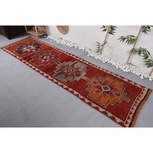 Turkish 2.8x9.8 ft Rug, Herki Vintage Rug, <b>Red</b> Floral <b>Wool</b> Rug - Product Image 4
