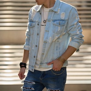 แจ็กเก็ตผ้ายีนส์ของผู้ชายเสื้อโค้ทลำลองมีรูทำจากผ้าใบที่ทนทาน - Product Image 5