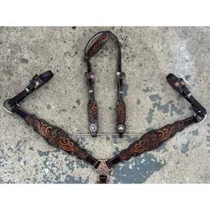 Ensemble de collier de poitrine et de têtière en cuir repoussé de la meilleure qualité avec garniture à revers pour l'équitation - Product Image 1